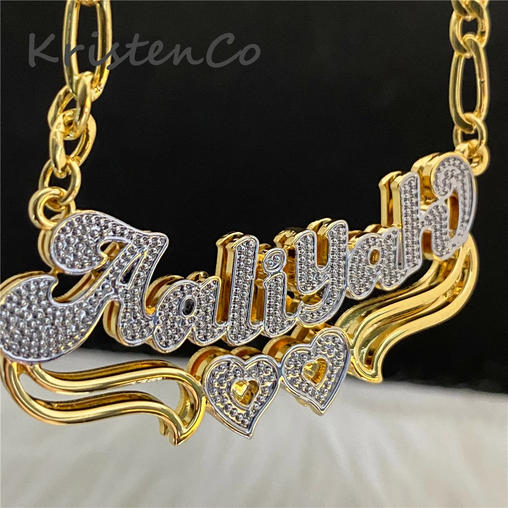 Custom Nameplate Necklace Customized 3D Double Pendant Jewelry Personalized Letter With Gold Figaro Chain For Women Necklaces