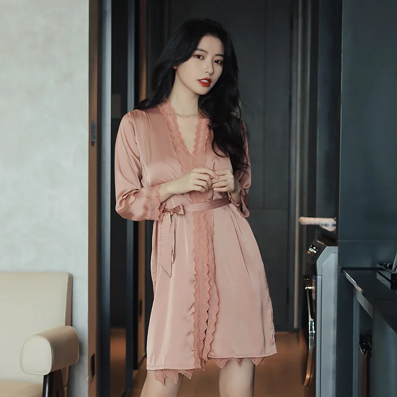 แขนยาว Sexy Lace Nightgown บ้านเสื้อผ้า2021ฤดูร้อนใหม่ซาตินกิโมโน Robe ผู้หญิงลำลองเสื้อคลุมอาบน้ำชุด Intimate ชุดชั้นใน