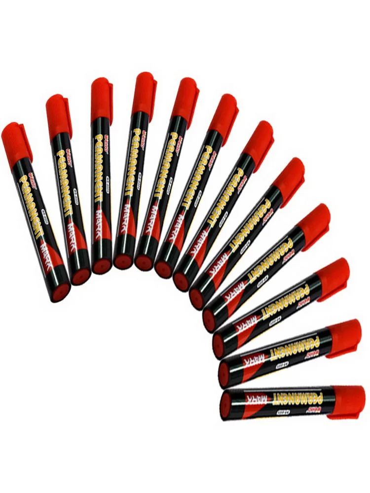 12 pcs/set Red Permanent Oil Marker Pen Token Pens for Paper Metal Glass Marking Pen Office School Supplies Large Capacity Pen