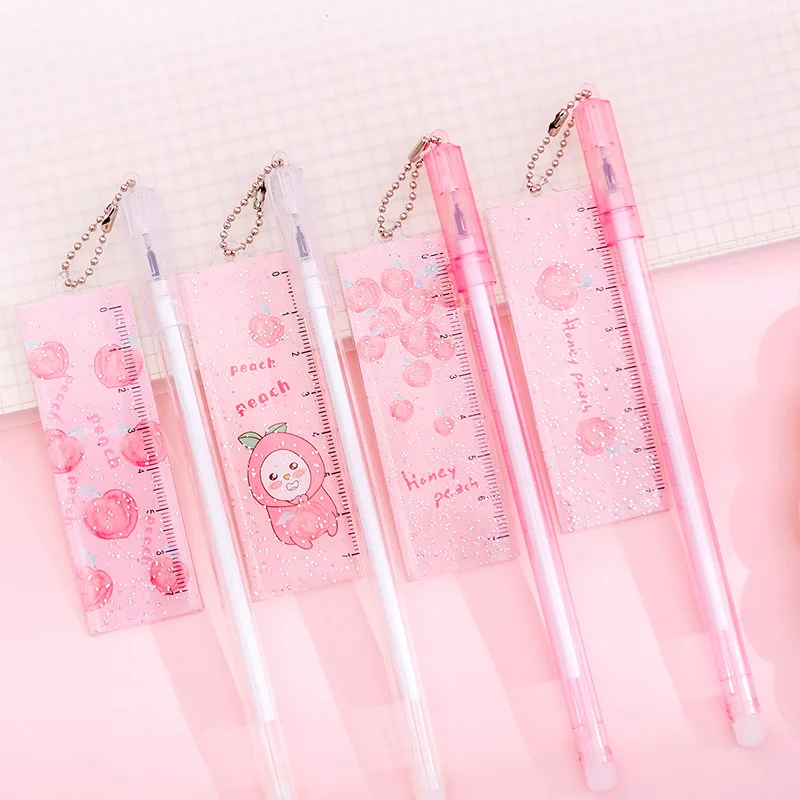 24 PCs Neutral Peach Ruler Pendant Gel Pens Set Cute Little Fairy Neutral Pen Student Signature Pen Writing Tools Wholesale