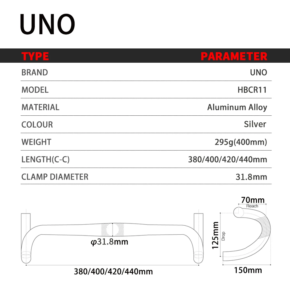 UNO Road Racing Handlebar 31.8mm Silver Bent Bar Ultralight 380/400/420/440mm Road Touring Bike Handles Drop Bar Bicycle Pieces