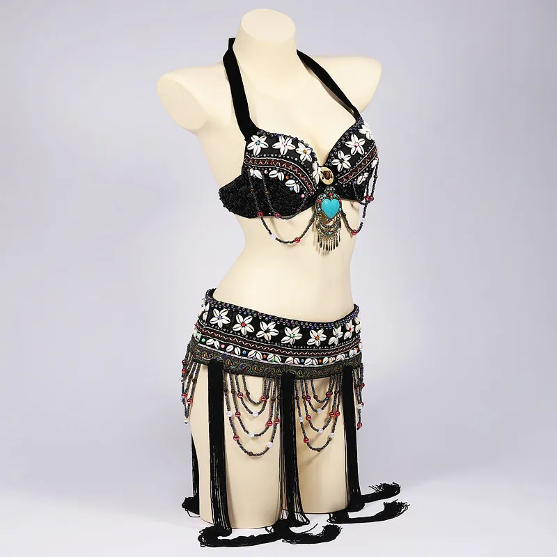 Size S-XL Dance Beaded Outfit 2 pieces Bra and Belt Tribal Belly Dance Costume Set Shells Top Jewelry Accents ATS Fringes Belts