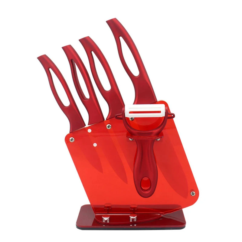 Home ceramic knife set red handle white blade 3”4”5”kitchen knives high sharp and knife holder kitchenware tools beautiful gift