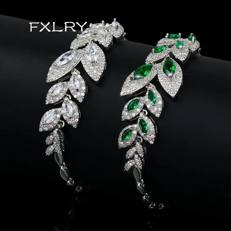 FXLRY High Quality White Color Green Cubic Zirconia Leaf Bracelet For Women Shinning Wedding Jewelry