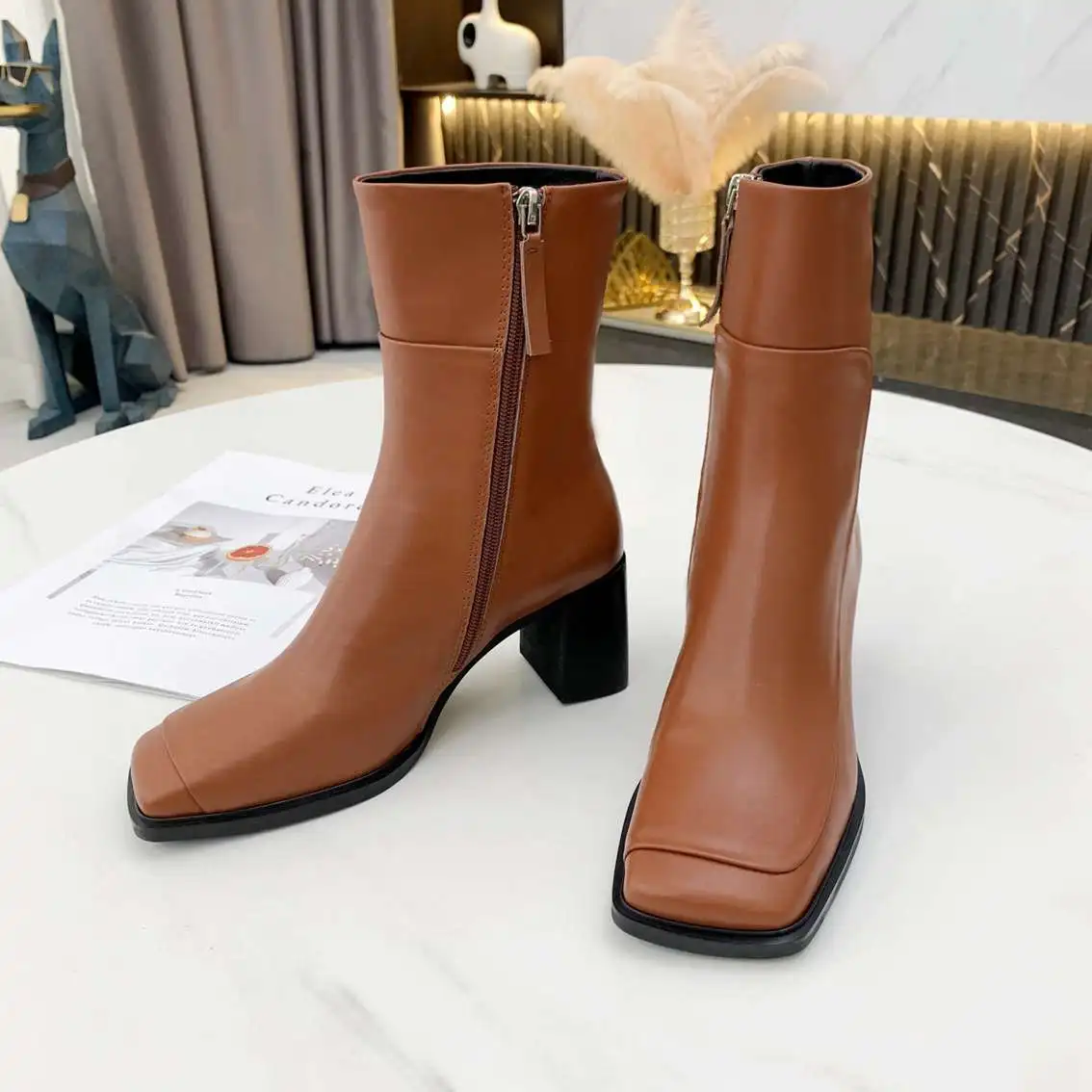 

2022 Designer Luxury Brand Square Toe High Heels Chelsea Ankle Boots Women Genuine Leather Cowboy Botas Shoes Sapatos Femininos