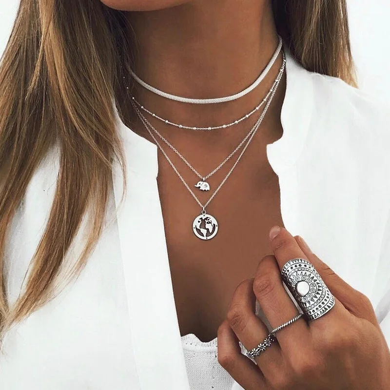 Tenande Vintage Mehrschichtige Party-Schmuckketten mit Blättern, Sternen, Hamsa-Hand und Mond für Damen - Trendige Bijouterie – Detail 16