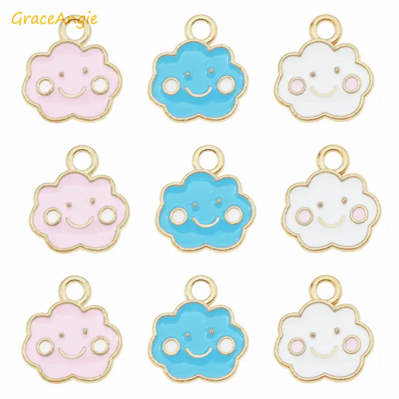 GraceAngie 15pcs Cute Alloy Enamel Cloud Pendant Smile Charm Blue Pink For Necklace Bracelet Earrings Making Accessory