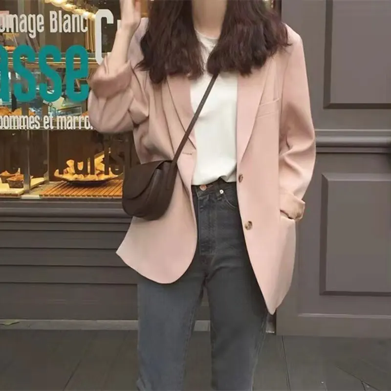 Women Korean Chic Suit Coat Casual Solid Blazer Office Lady Spring Autumn Long Sleeve Coat Female Loose Tops Streetwear