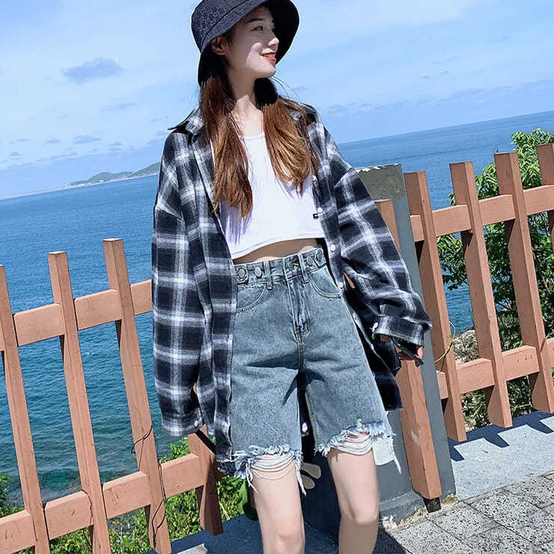 Shorts Women Vintage Summer Harajuku Causal Solid Retro High Waist Streetwear Cool Female Ins Chic Straight Denim Trouser Mujer