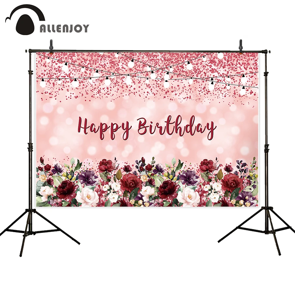 

Allenjoy happy birthday backdrop pink sand bokeh dots light rose flower baby shower wedding customize background banner photo