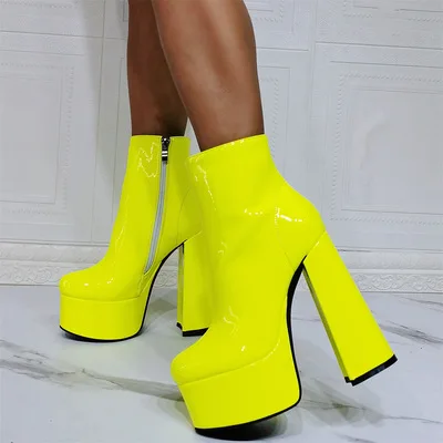 

Lady platform fluorescent patent leather thick super high heels women ankle boots party dance wedding sexy pumps botas de mujer