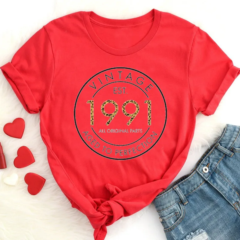 Vintage 1991 Birthday Shirt, Leopard 31Th Leopard Fashion Casual  100%Cotton Round Neck Female Short Sleeve y2k Drop shipping