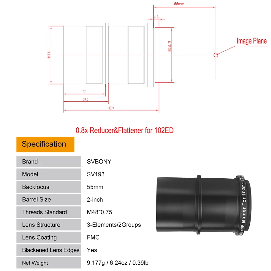 Svbony SV193 2 Zoll 0,8X Feldflacher Fokalreduzierer Teleskopzubehör für SV503 102mm ED Teleskop – Detail 12