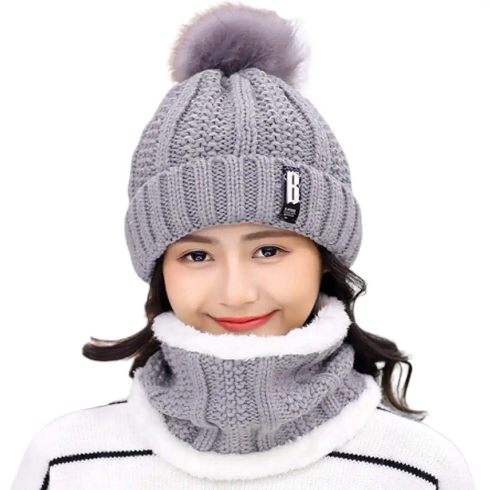 2Piece set Beanie Hat Womens Winter Thick Beanie Scarf Set Girls Cute Pom Warm Knit Ski Hat with Fleece Lined