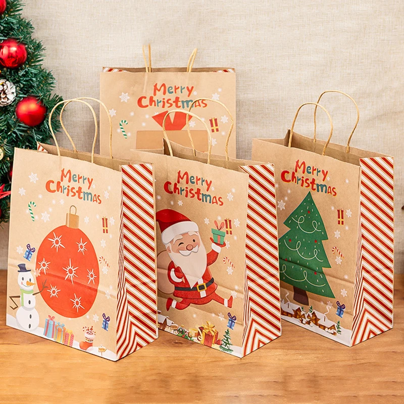 5Pcs Kraft Paper Gift Bags Christmas New Year Party Gift Pakcaging Bags Snowflakes Candy Cookie Paper Bag Party Natal Kid Favors