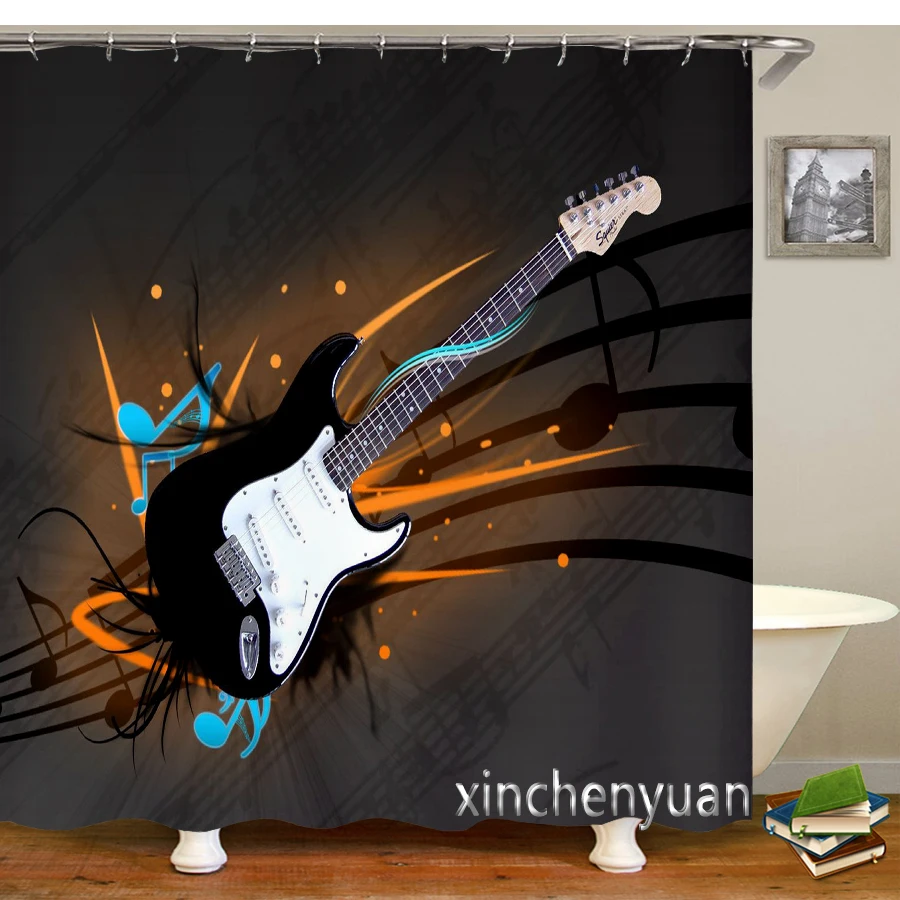 New Creative Musical Instrument Guitar Waterproof Bathroom Curtain 3d Printed Fabric with Hooks Decoration Shower Curtain M33