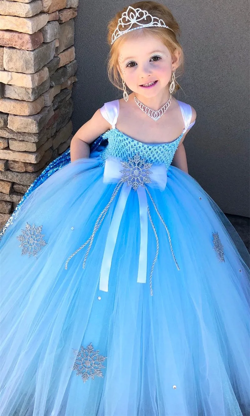 Girls Turquoise Snow Tutu Dress Kids Crochet Tulle Dress Ball Gown with Crown Children Wedding Party Costume Anna Princess Dress