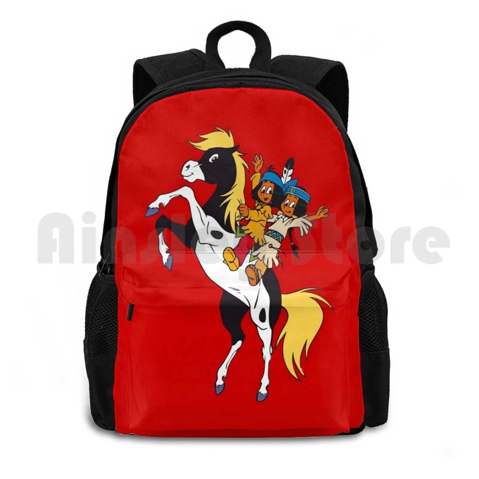 Yakari And Rainbow On Horse / Red Outdoor Hiking Backpack Riding Climbing Sports Bag Popular Comic 50 60 70 Retro Vintage