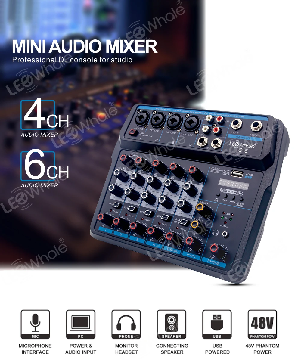 LEOwhale-Mezclador de sonido para DJ, consola de mezcla de Audio con Bluetooth, USB, Monitor de oído Phantom de 48V para grabación de guitarra en PC