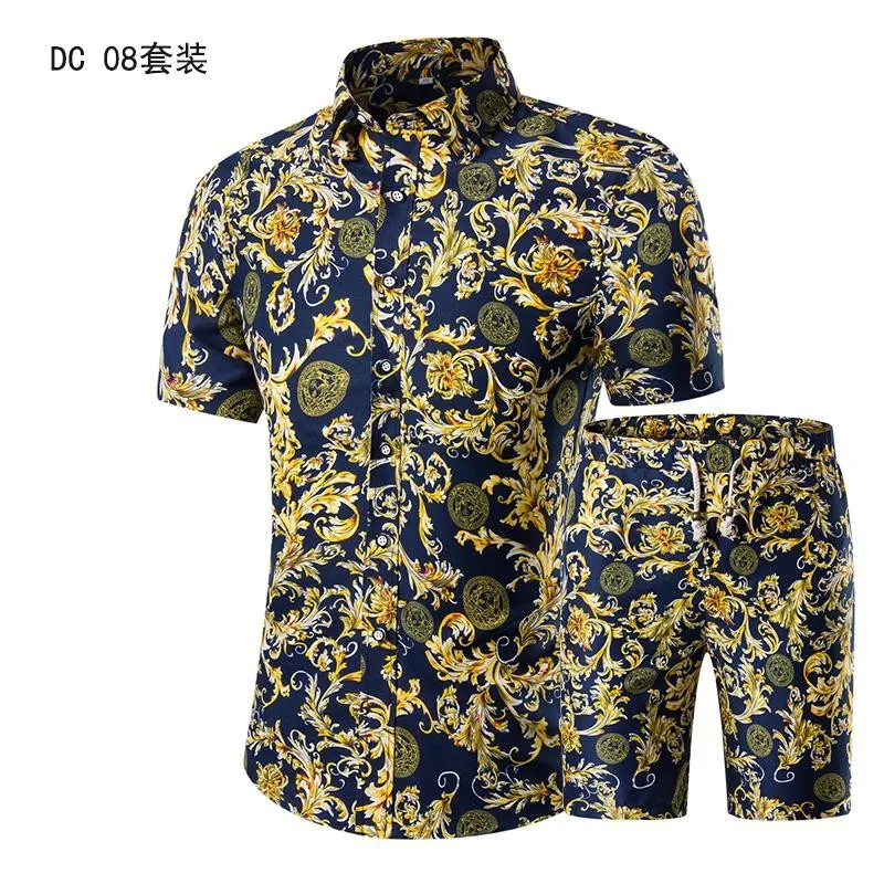 Summer Mens Fashion 2021 Gold Luxury Designer Shirts For Mens Set Fancy Hawaii Beachwear Floral Printed Mens Short Sleeve Club