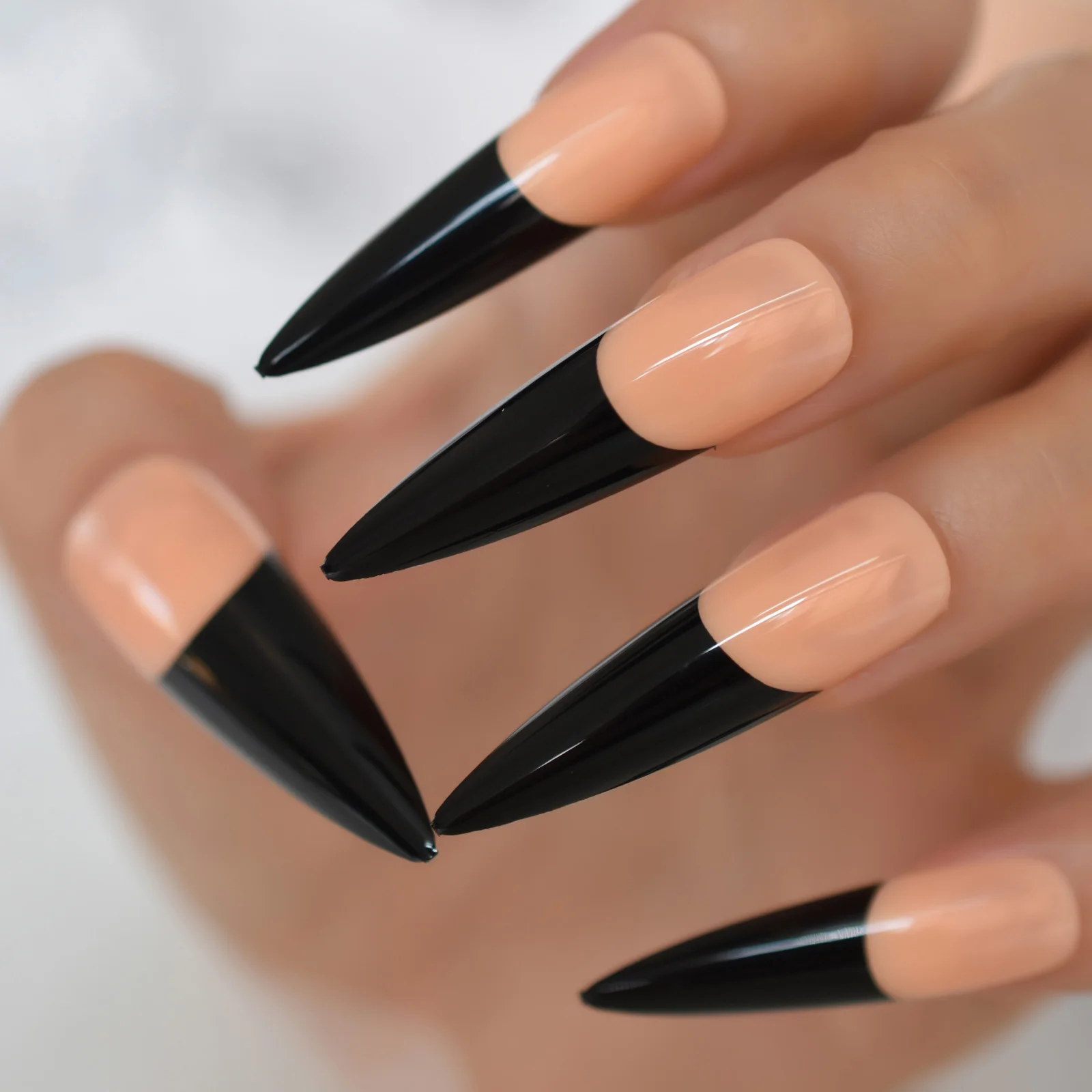 XXL Glossy Dark Nude Black French Press on False Nail Straight Tapered Claw Pointed Ballet Fake Nails Tips