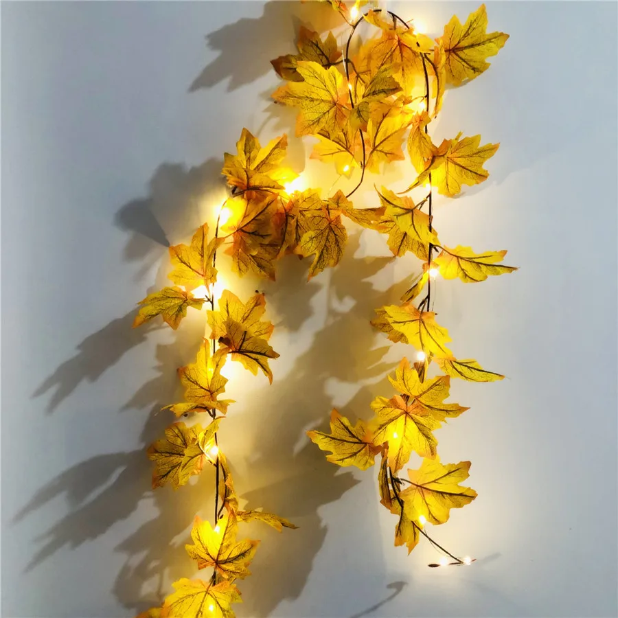 2M String Light 20LED Copper Wire LED String Light With 52PCS Maple Leaves Rattan Autumn Plants Garland Fence Stair Party Light