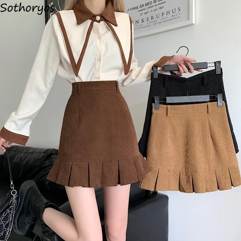 Ruffles Mini Skirts Women Autumn Corduroy Pleated Tender Warm Thicken Classic Retro Solid High Waist Stylish A-lien Hipster Ins