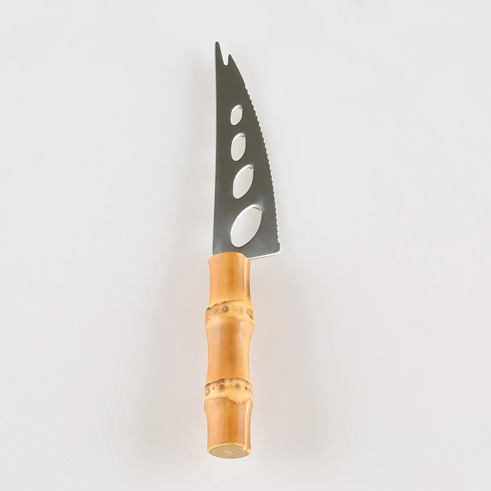 Stainless Steel Serrated Hollowed Holes Bamboo Root Wooden Handle Toast Pizza Dessert Cake Cheese Bread Mini Small Forking Knife