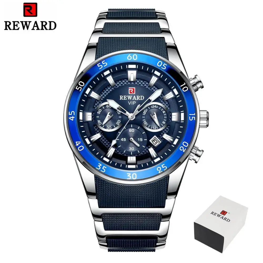 REWARD New Sport Watches for Men Fashion Stainless Steel Quartz Watches Waterproof Chronograph Wrist Watches Male