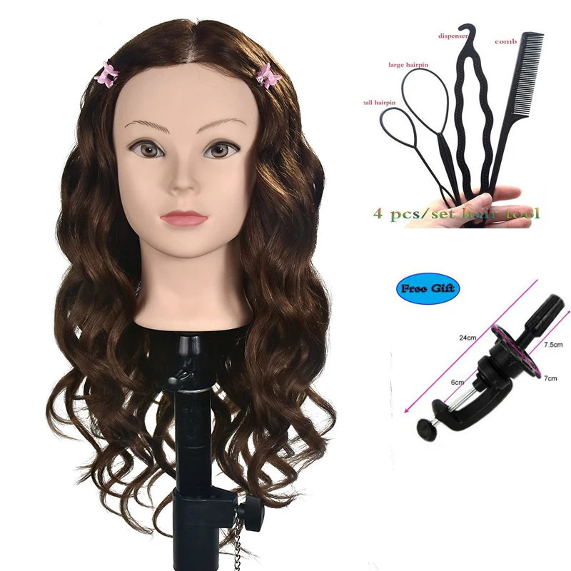 Cabeça de treinamento boli, cabelo humano, 20 polegadas, salão de cabeleireiro, manequim, bonecas de cabelo grosso, prendedor para cabeleireiro