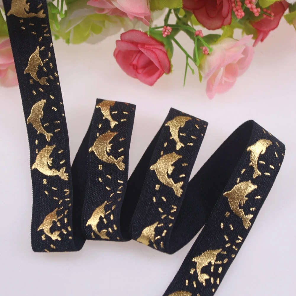 

New Design 5/8" 15mm Gold Foil Dolphin Printed FOE Fold Over Elastic Ribbon 100Yards