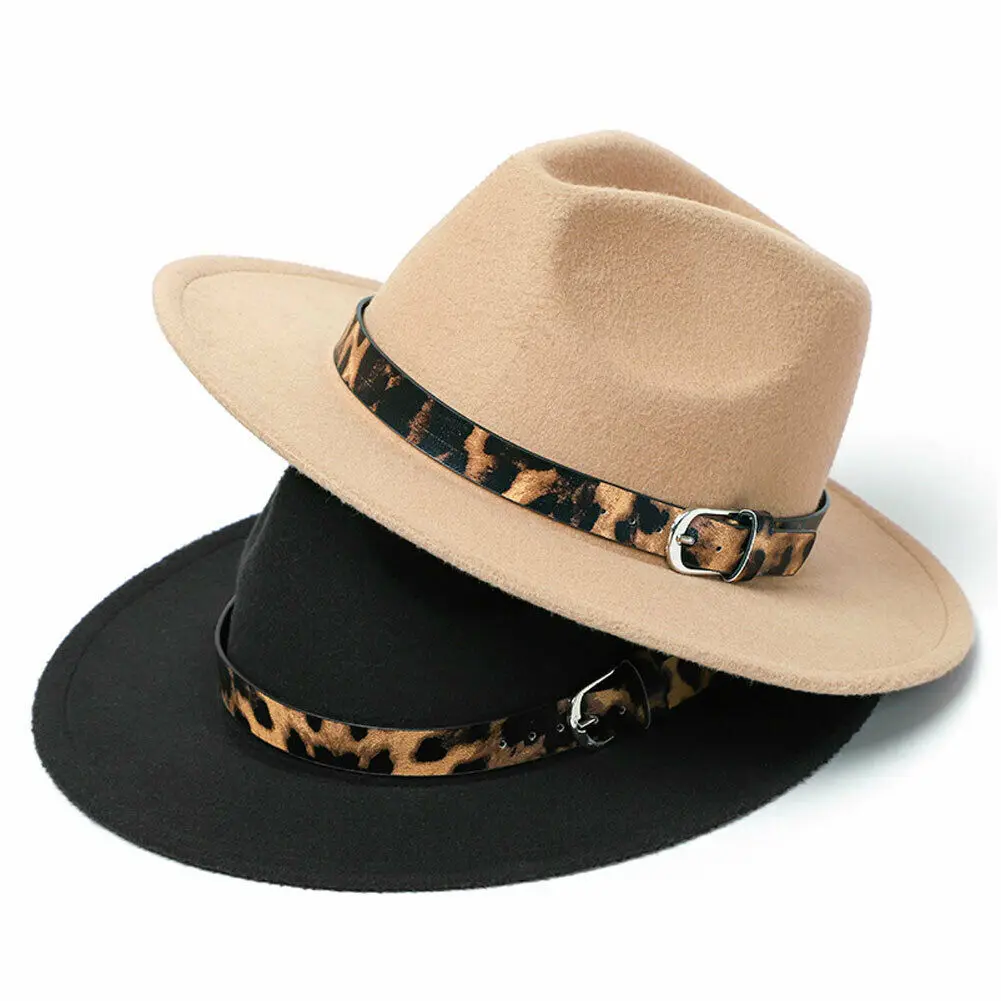 2020 Fashion Trend Women Ladies Wool Felt Fedora Hat Leopard Print Wide Brim Wool Panama Casual Formal Party Winter New Fedoras