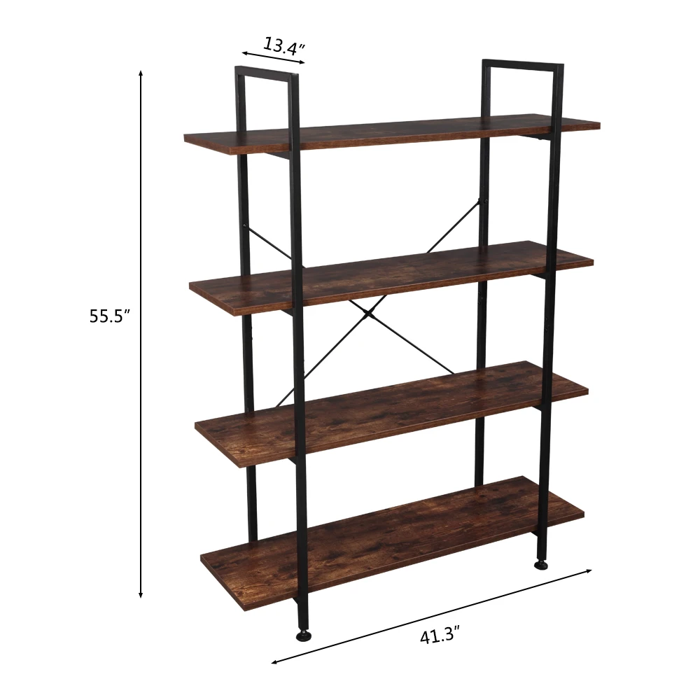 Storage Rack 4-Tier Industrial Bookcase and Book Shelves, Vintage Wood and Metal Bookshelves, Retro Brown