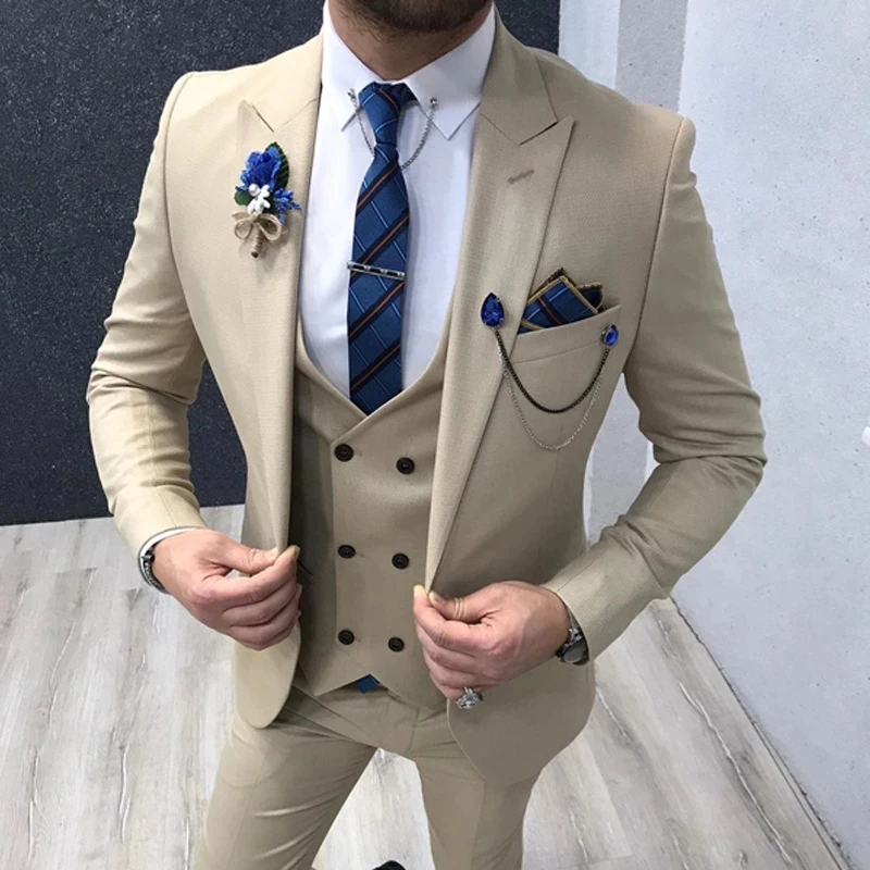 Men Suits 3 Piece for Wedding Fashion Clothes Peaked Lapel Groom Tuxedos Male Set Jacket with Pants Vest