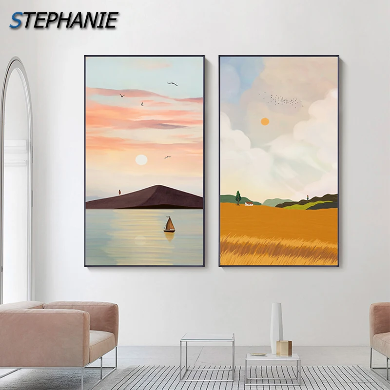 

Scandinavian Landscape Posters Modern Scenery Sky Sea sunrise Prints color Clouds Wall Art Canvas Painting Nordic Decor Pictures