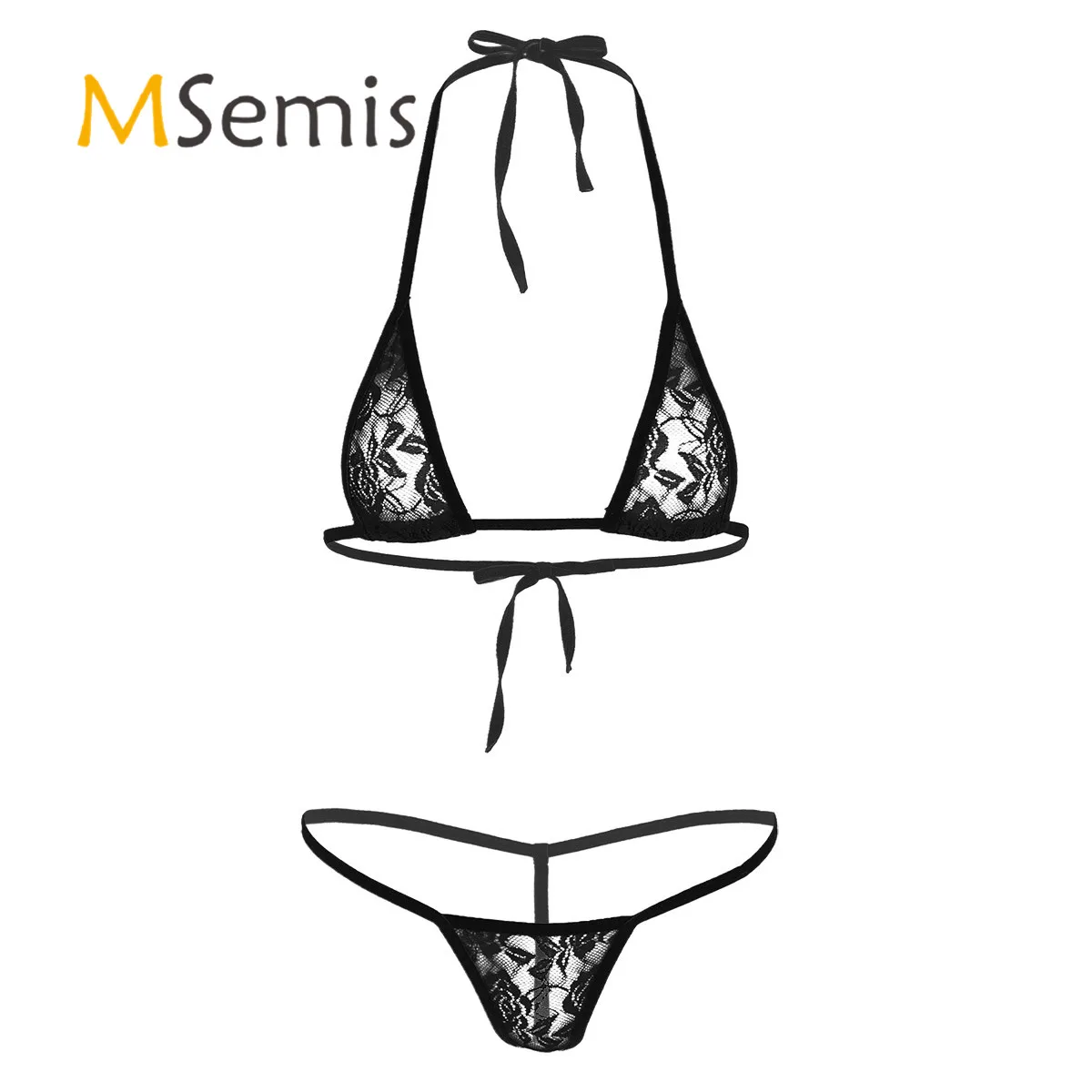 

2Pcs Womens Bikini Swimsuits Lace See Through Sheer Halterneck Mini Micro Bikini Bra Top with G-String Thongs Briefs Underwear