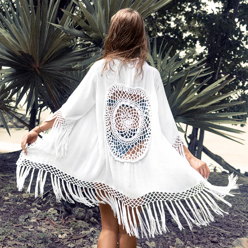 

TEELYNN White Tassel Crochet Bikini Cover Up Sexy Hollow Out Kimono Women 2022 Beach Bathing Suit Beachwear Boho Shirt Vestidos