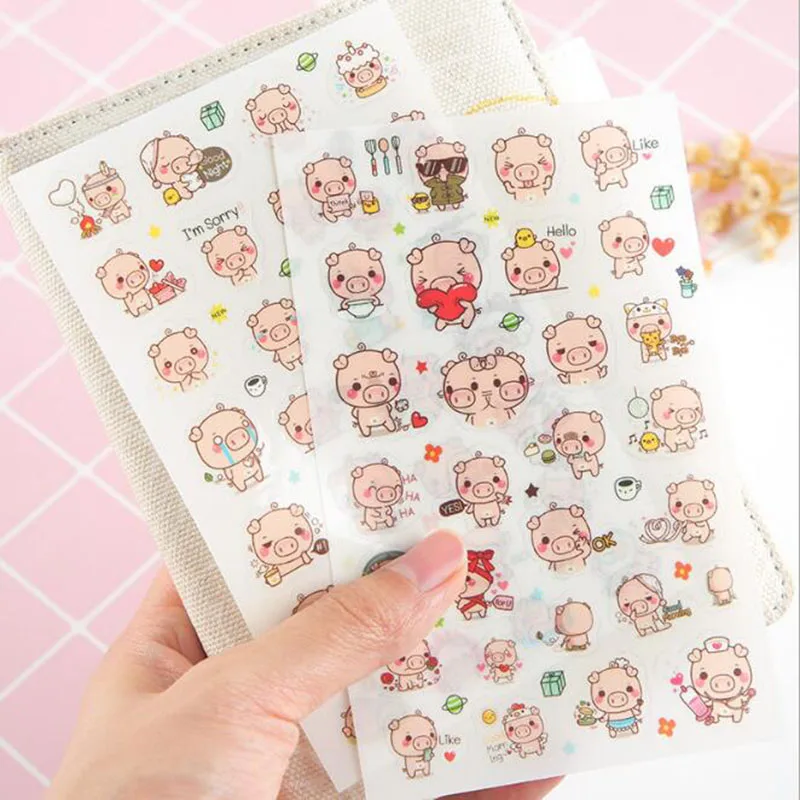 6pcs / Bag, Cartoon Cute Pink Pig Expression Transparent Sticker Pvc Children Stationery Decoration Life Scrapbook Sticker Gift