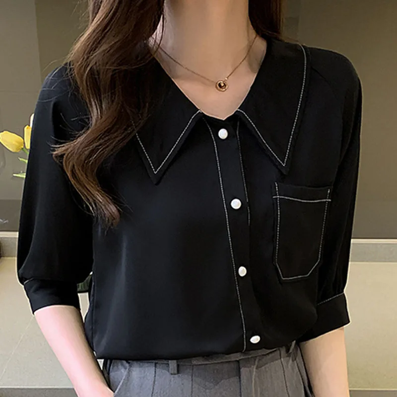 New Doll Collar Sweet Loose French Short Sleeve Chiffon Shirt Fashion Women Clothing Tops Mujer Blusa Blouses Solid Spliced 2710