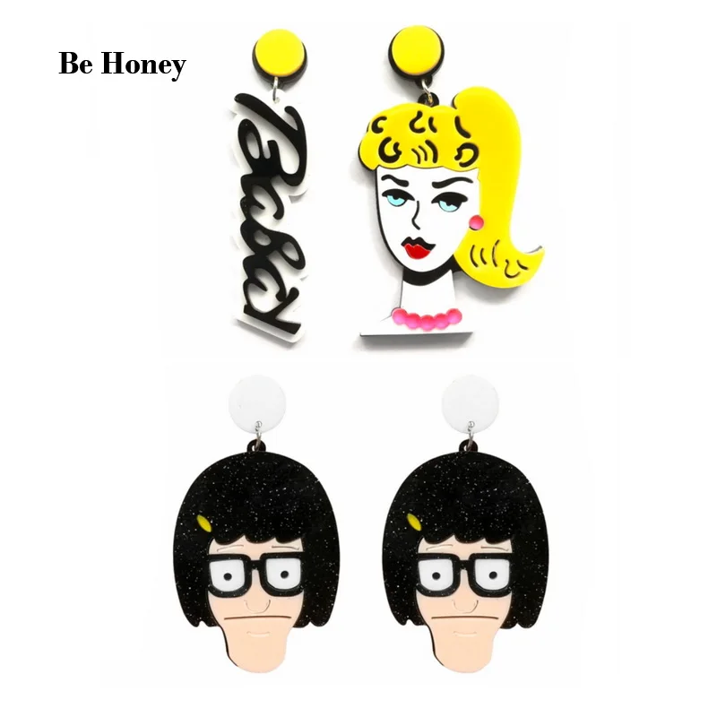 Trendy Glitter Black Bob Hair Man With Glasses And Blonde Ponytail Girl Letters Acrylic Stud Earrings For Women