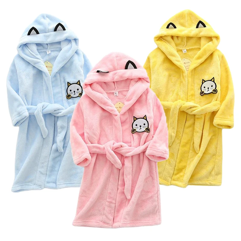 Kids Cartoon Cat Robes New Winter Baby Girl  Bathrobe Sleepwear Robe For Children Flannel Hooded Pajamas Boys Homewear Clothing