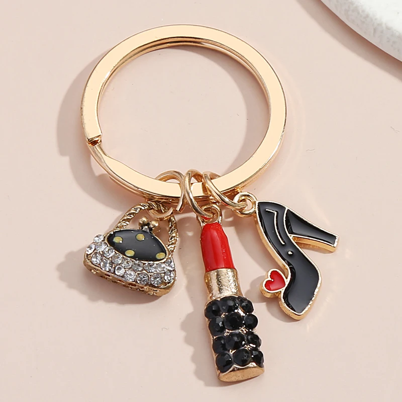 Cute Keychain Lipstick Bowknot High Heels Hat Crown Skirt Key Ring Enamel Key Chains For Women Girls DIY Handmade Jewelry Gifts