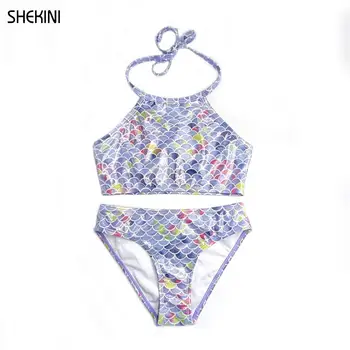 SHEKINI 유아 소녀 고삐 십대 소녀 비키니 백리스 프린트 투피스 수영복 비치 스포츠 수영복 벨리 밴드 수영복
