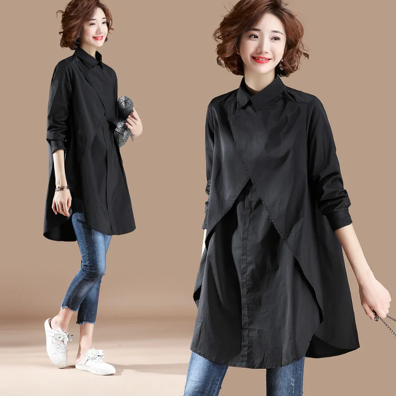 COIGARSAM 2019 New Autumn blouse women Full Sleeve Loose Long Hong Flavor blusas womens tops and blouses Khaki Black 9851