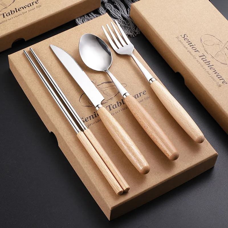 New Steel Wooden Handle Tableware Set Spoon Chopsticks Knife Fork Gift Set