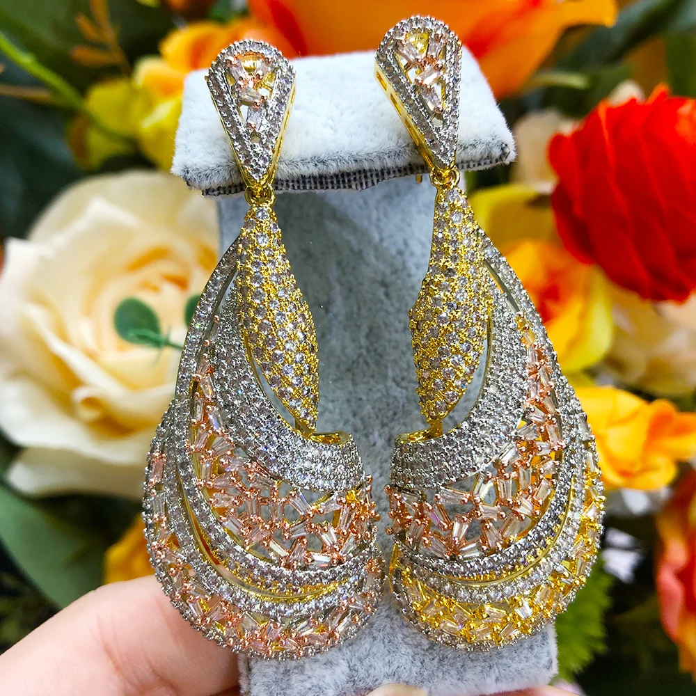 KellyBola Trendy Luxury Full Cubic Zircon Pendant Earrings Ladies Jewelry Bridal Wedding Banquet Party High Quality Accessories