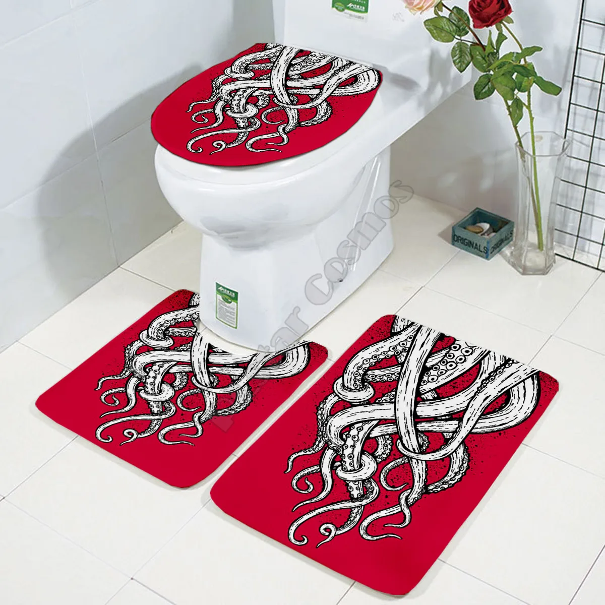 

Funny Octopus Three-piece set 3D printed Bathroom Pedestal Rug Lid Toilet Cover Bath Mat Set drop shipping 02