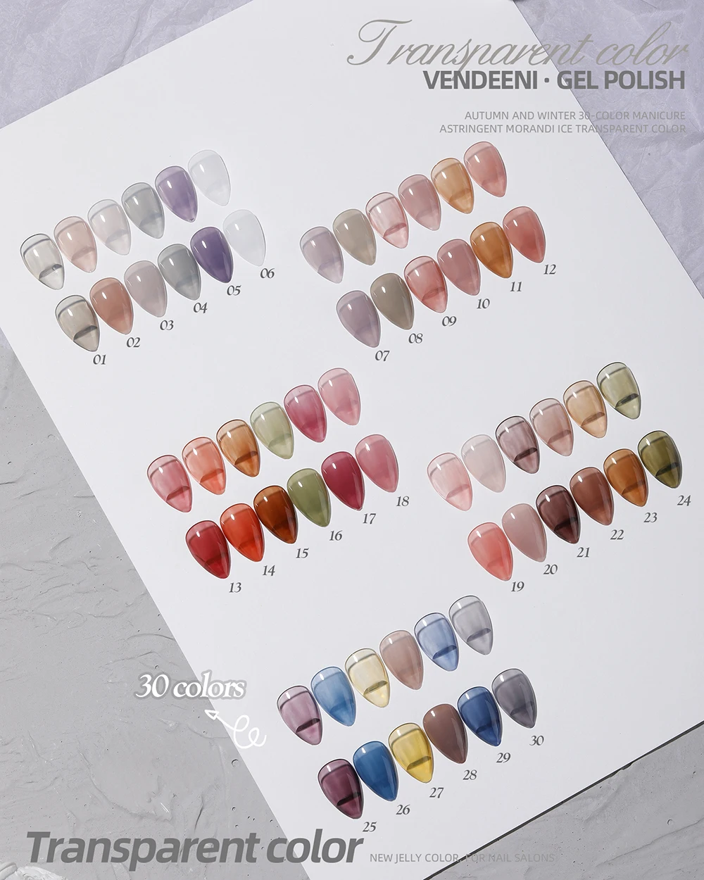 Vendeeni 30 Farben Transparenter Gel-Nagellack, Dirty Color Jelly UV Soak Off Gel-Lack, Ice Through Jade Nail Art Gel-Lack – Detail 3