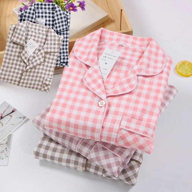 Special Price Men and Women Plaid Pijamas 100% Cotton Double-layer Gauze Long-sleeved Pajamas  Summer Couple Pyjamas Sleepwear