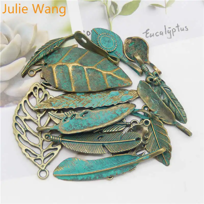 Julie Wang Random 14pcs Antique Bronze Feather Metal Alloy Pendant Charms Necklace Bracelet Jewelry Findings Making Accessories